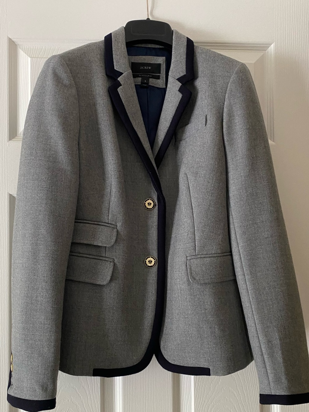 J. Crew Gray Wool Schoolboy Blazer with Black Trim Size 8 EUC